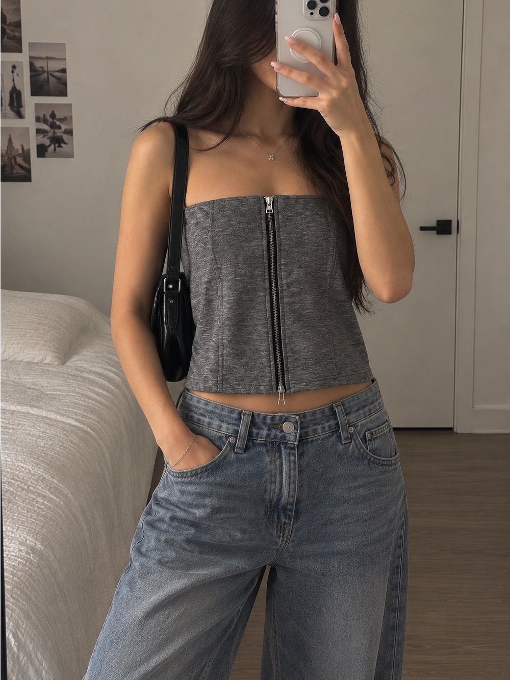 Topshop Grey Zip-Front Strapless Camisole